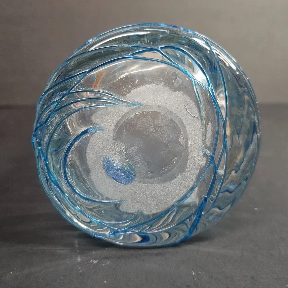Handmade Mexican Style Glass Vase Clear with Blue Swirls 8
